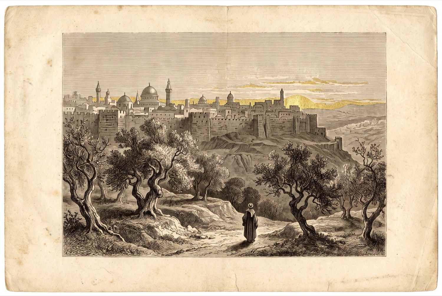 Engraving of a walled hill city at first light seen from an olive ridge, a lone traveller on the path.