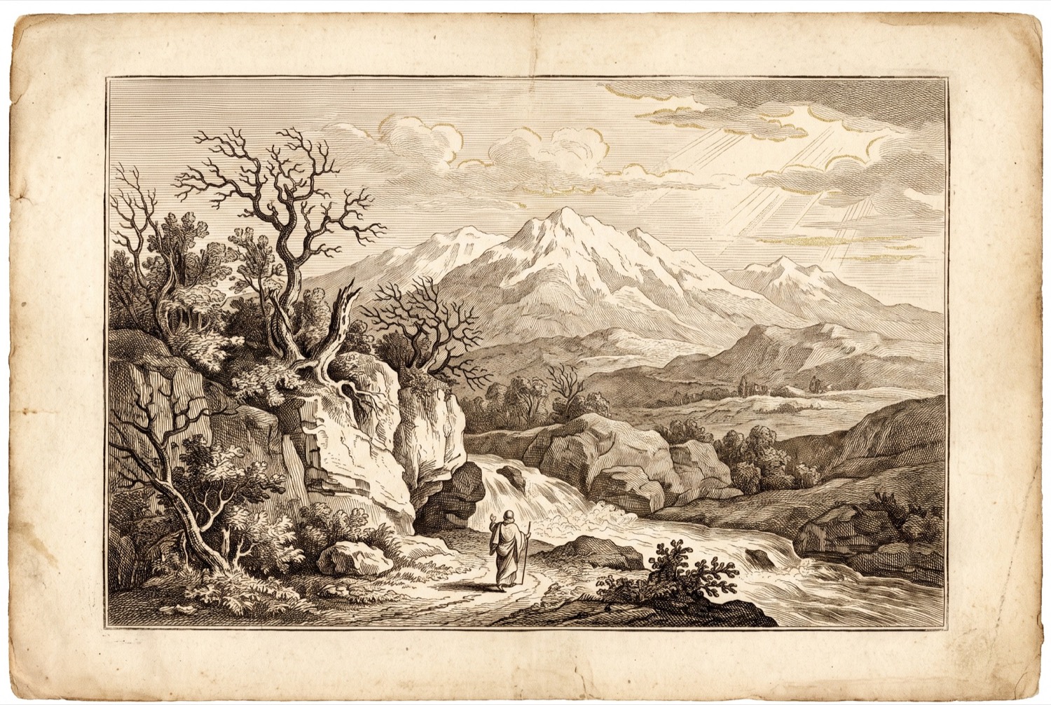 Engraving of snow on Mount Hermon above a spring bursting from a cliff, a lone traveller on the path below.